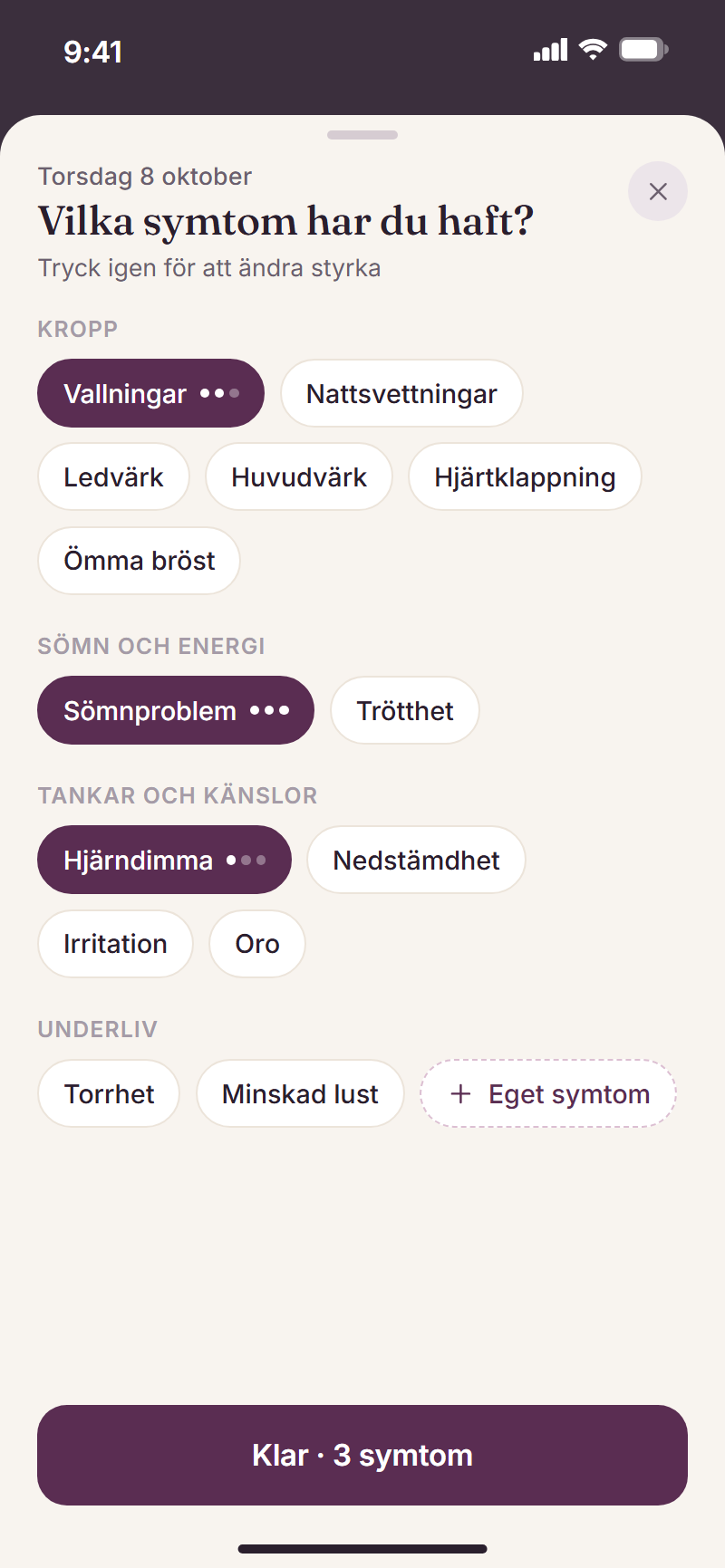 Skärm där man väljer dagens symtom, grupperade i kropp, sömn och energi, tankar och känslor samt underliv